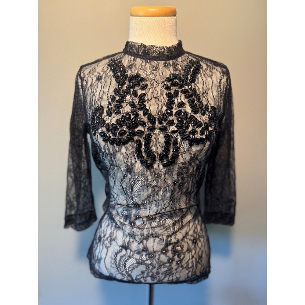 Elegant Gothic Black Lace‎ Embezzled Top  3/4 Sleeve Medium Blouse Mia Joy EUC